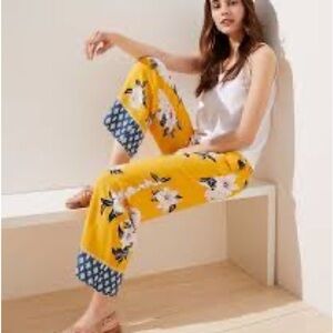 LOFT Women’s Yellow Floral Back Gartered Flat Front Wide Leg Palazzo Pants